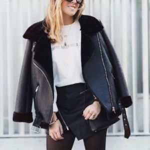 ZARA Women’s black faux fur leather moto jacket